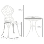 White bistro chair and round table dimensions shown with height and width
