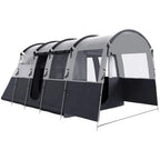 Grey tunnel-style camping tent with multiple cabins and large screened windows