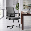 Dark grey mesh office chair with padded seat, armrests, and curved sled base