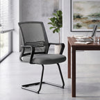 Dark grey mesh office chair with padded seat, armrests, and curved sled base