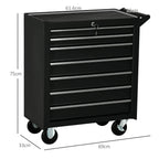 Matte black 7-drawer tool cabinet on caster wheels with key lock, front view