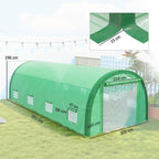 Green polytunnel greenhouse with arched end, mesh side walls, and door opening