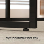 Black table leg with non-marking foot pad under round marble-effect top