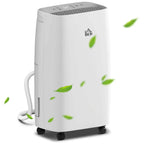 White dehumidifier standing with front grille, drain hose attached, and caster wheels.