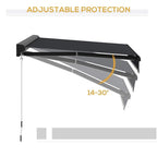 Grey electric awning with adjustable support arms at an angled projection