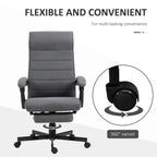 Grey fabric swivel office chair with thick padding and 360-degree rotating base