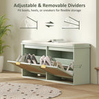 Light green shoe bench with adjustable dividers and two flip drawers open