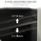 Sideboard cabinet interior showing adjustable shelf levels on dark backing