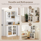 White freestanding kitchen cupboard with grid glass doors and open storage compartments