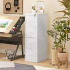 White vertical filing cabinet with four drawers and straight pull handles