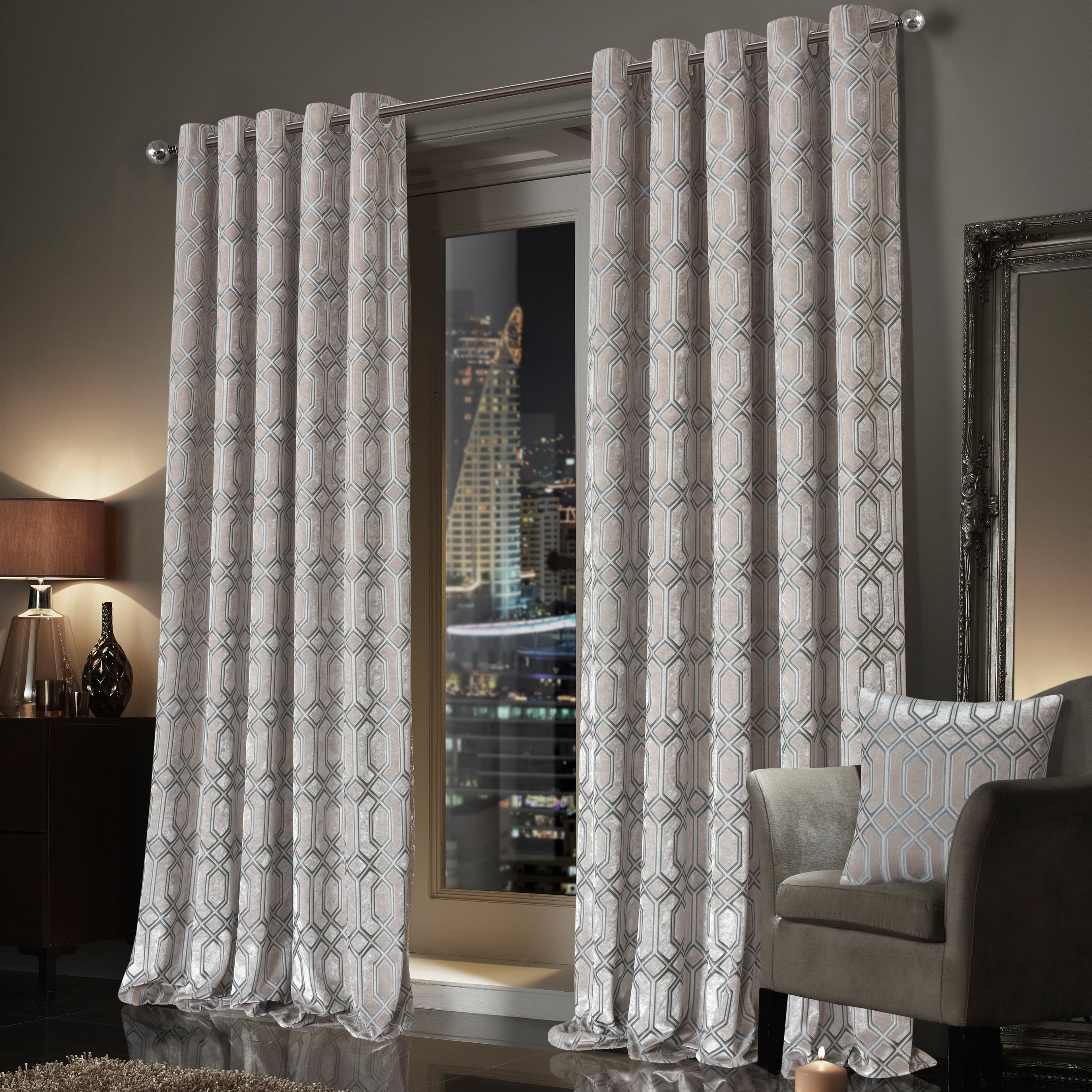 Luxe Geo Velvet Eyelet Curtains Champagne Thermal Insulated Soundproof Light Blocking Drapes for Bedroom & Lounge