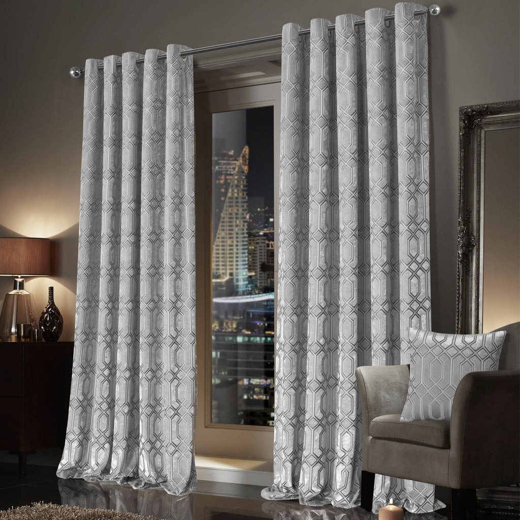 Luxe Geo Velvet Eyelet Curtains Grey Thermal Insulated Soundproof Light Blocking Drapes for Bedroom & Lounge