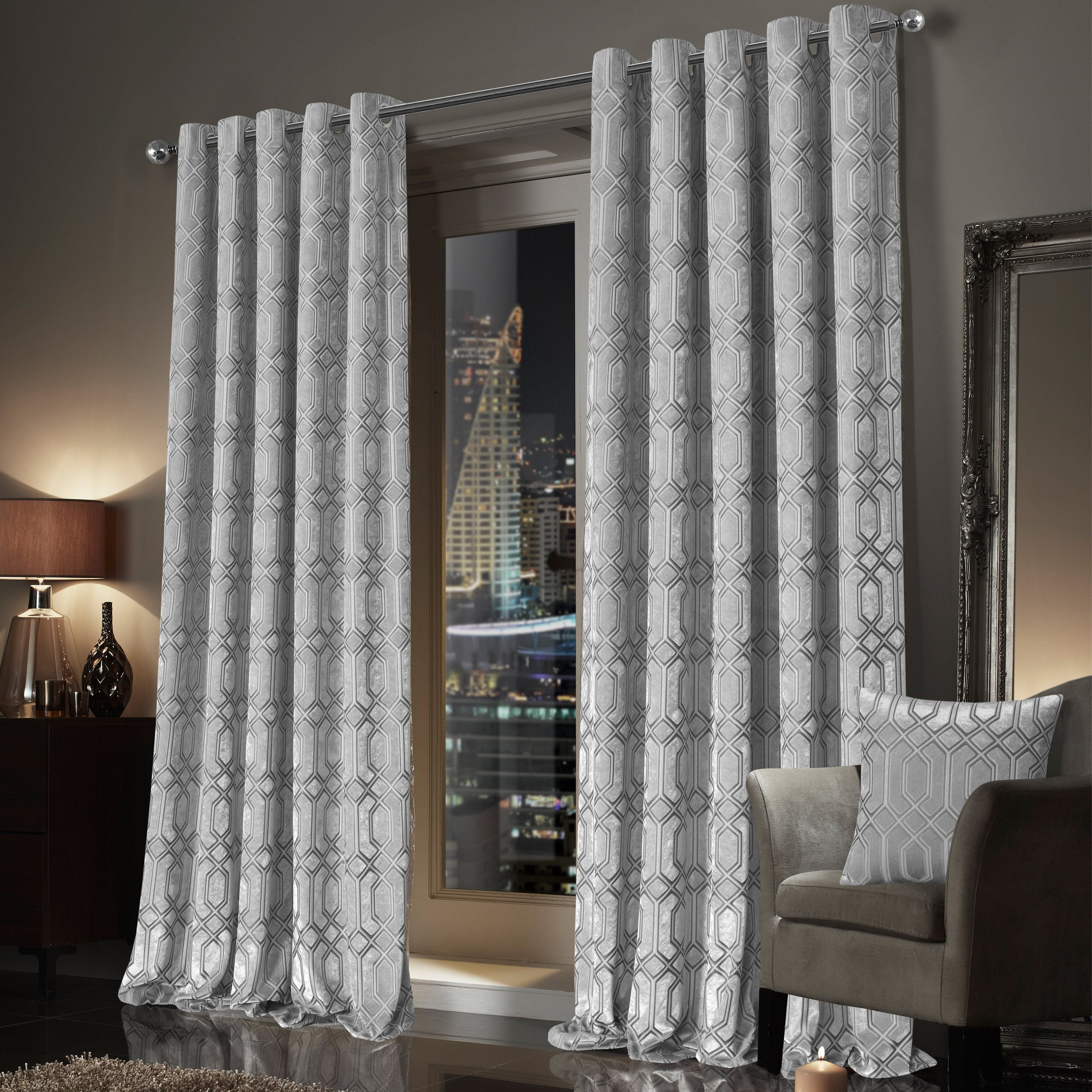 Luxe Geo Velvet Eyelet Curtains Grey Thermal Insulated Soundproof Light Blocking Drapes for Bedroom & Lounge