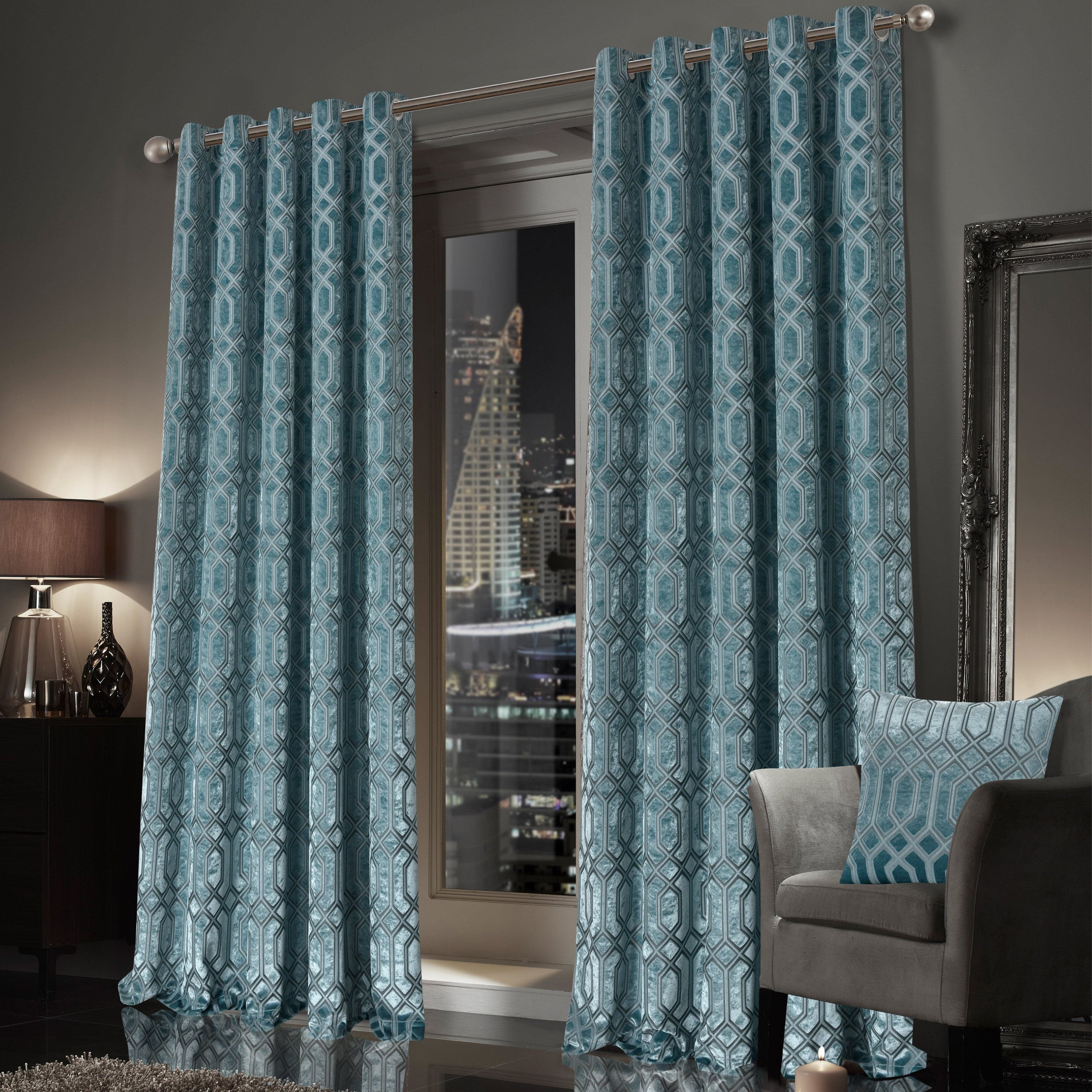 Luxe Geo Velvet Eyelet Curtains Teal Thermal Insulated Soundproof Light Blocking Drapes for Bedroom & Lounge
