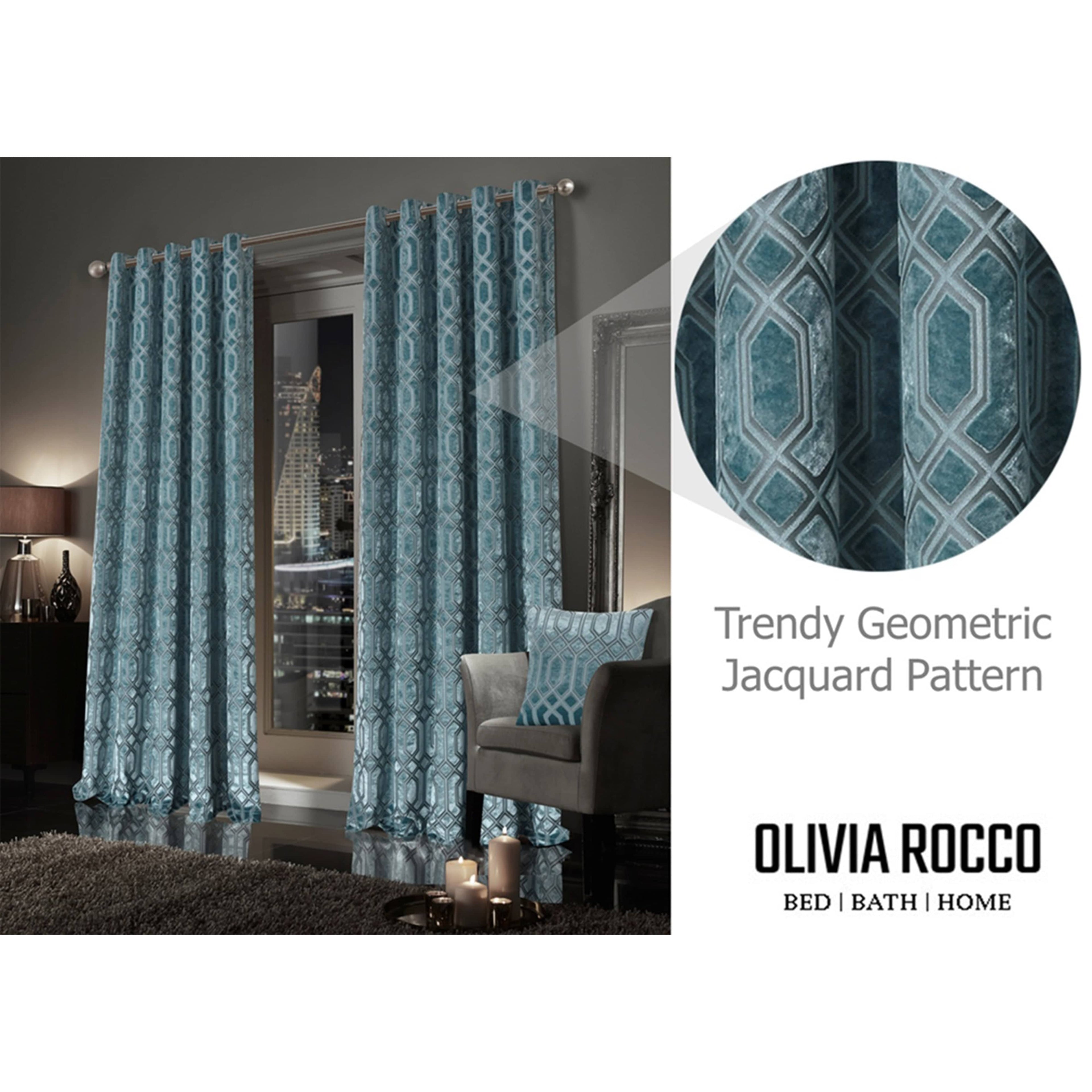 Luxe Geo Velvet Eyelet Curtains Teal Thermal Insulated Soundproof Light Blocking Drapes for Bedroom & Lounge