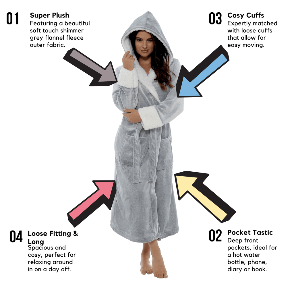 Women's Luxurious Shimmer Grey Fleece Dressing Gown With Sherpa Fur Hood Plush Flannel Bath Robe Elegant Silver Soft Cozy Loungewear