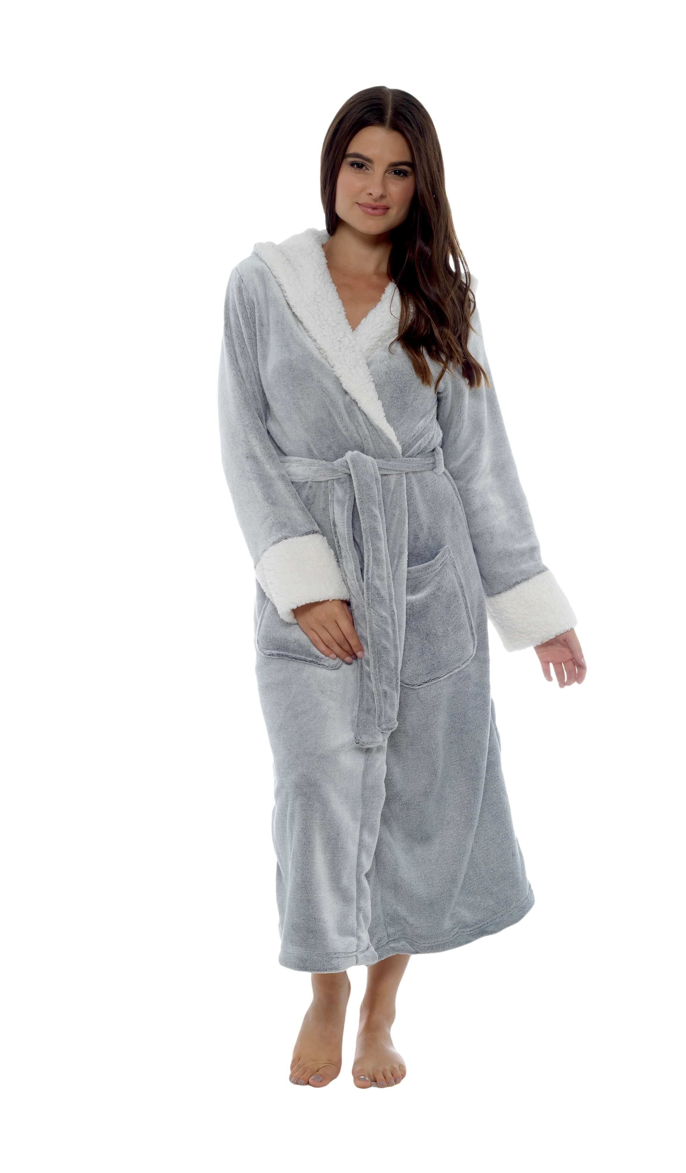 Women's Luxurious Shimmer Grey Fleece Dressing Gown With Sherpa Fur Hood Plush Flannel Bath Robe Elegant Silver Soft Cozy Loungewear