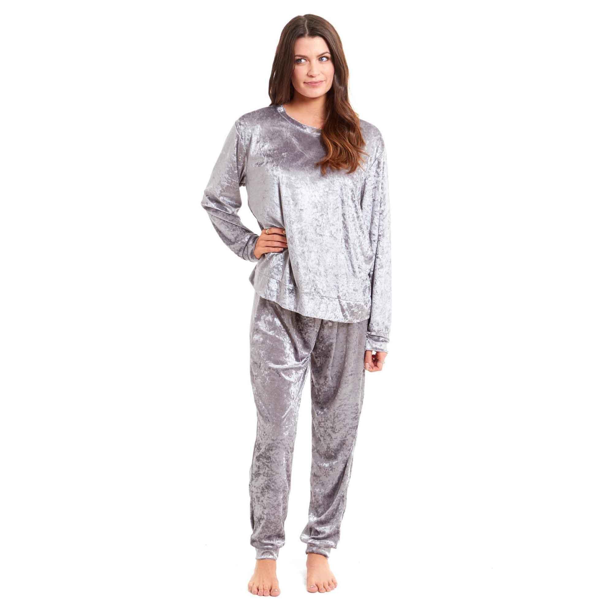 luxurious-women-s-soft-crushed-velvet-pyjama-set-comfortable-loungewear-stylish-nightwear-with-elasticated-waistband-multiple-sizes-daisy-dreamer-small-uk-8-10-silver-pyjamas-11825729 - Bobobiy