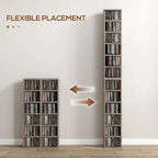 Two dark wood-effect CD storage units standing side by side with open CD shelves.