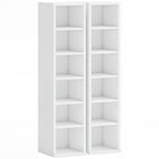 White two-section media shelf unit with open cubby compartments
