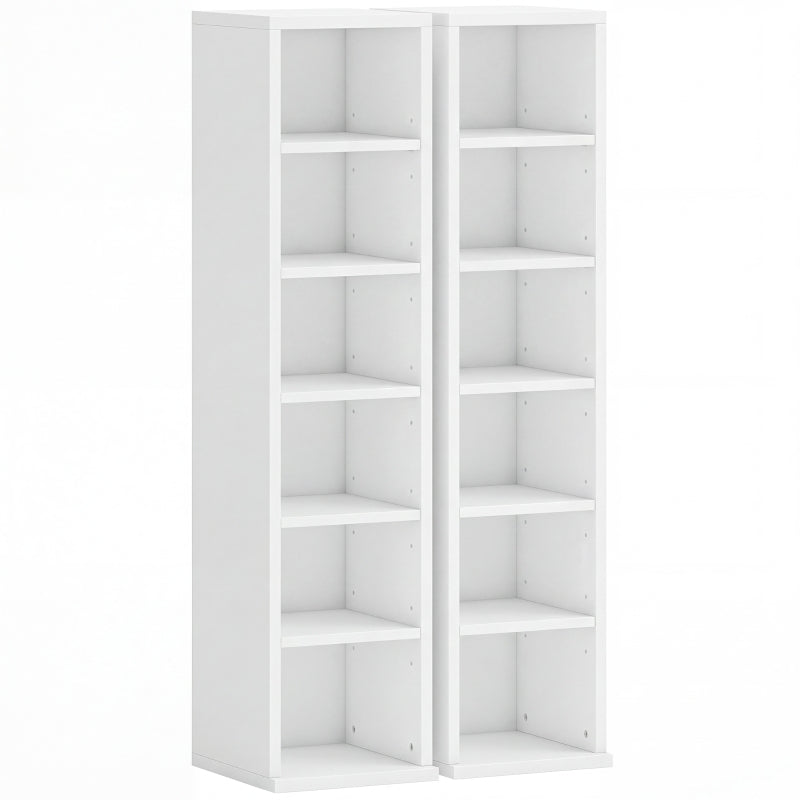 White two-section media shelf unit with open cubby compartments