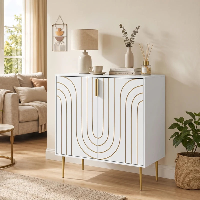 White kitchen cabinet with 2 doors, gold curved line design, and gold metal legs