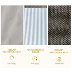 Gazebo material panels swatches: polyester cloth, polycarbonate board, and breathable mesh net