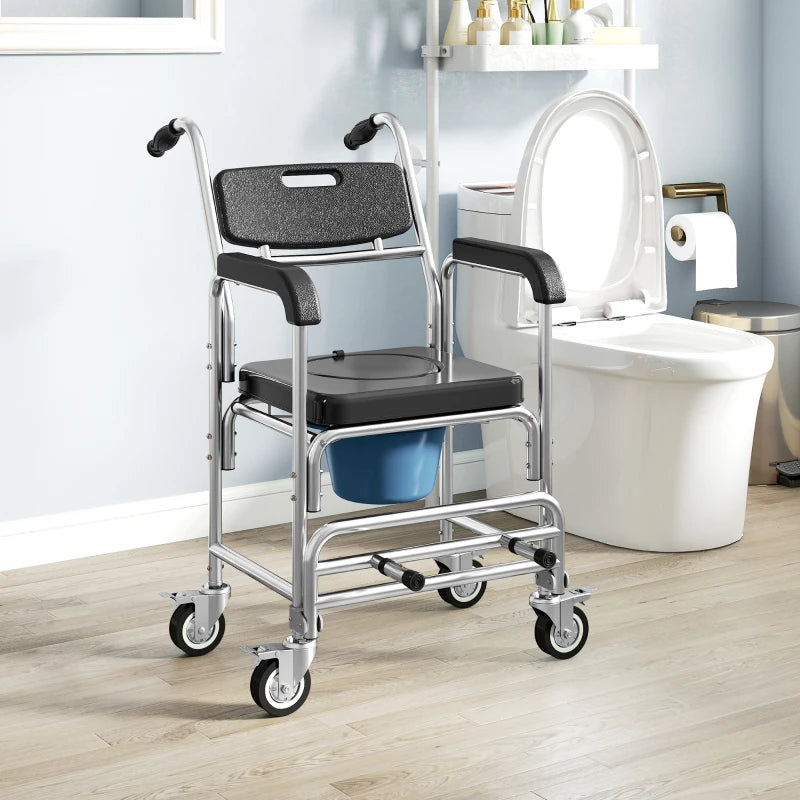 Black commode chair with padded seat, armrests, and blue bucket near toilet