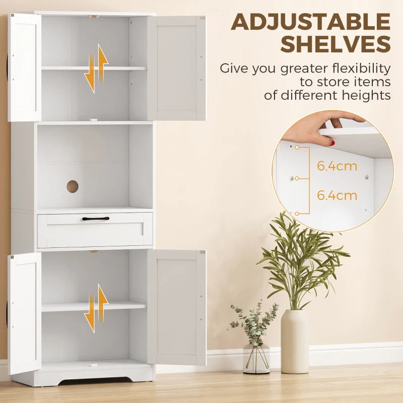 White pantry cabinet interior with adjustable shelves and open compartments