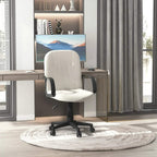 Cream white office desk chair with padded backrest, black armrests, and swivel wheels
