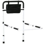 Height-adjustable bed assist rail, white frame with black storage pocket and grab bar