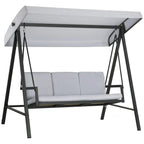 Three-seat garden swing chair in grey with adjustable canopy and padded seat cushions