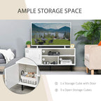 White TV stand with one enclosed storage door and three open storage cubes