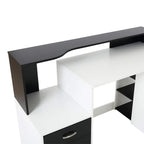 Black and white desk with curved overhang tabletop and open side shelves