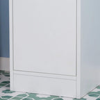 White tall bathroom cabinet with lower door panel and bottom base edge