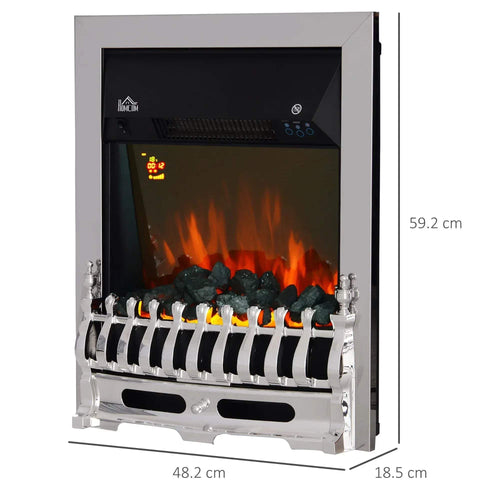 Silver electric fireplace insert with glass front and LED flame effect, front view with size marks