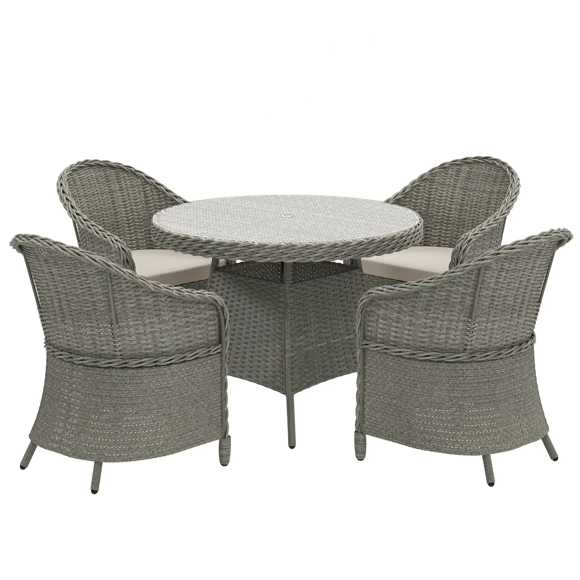 4 Seater Rattan Garden Furniture Set with Cushions, Round PE Rattan Dining Set with Glass-Top Table, Umbrella Hole, Outdoor Garden Table and Chairs, Grey - Bobobiy