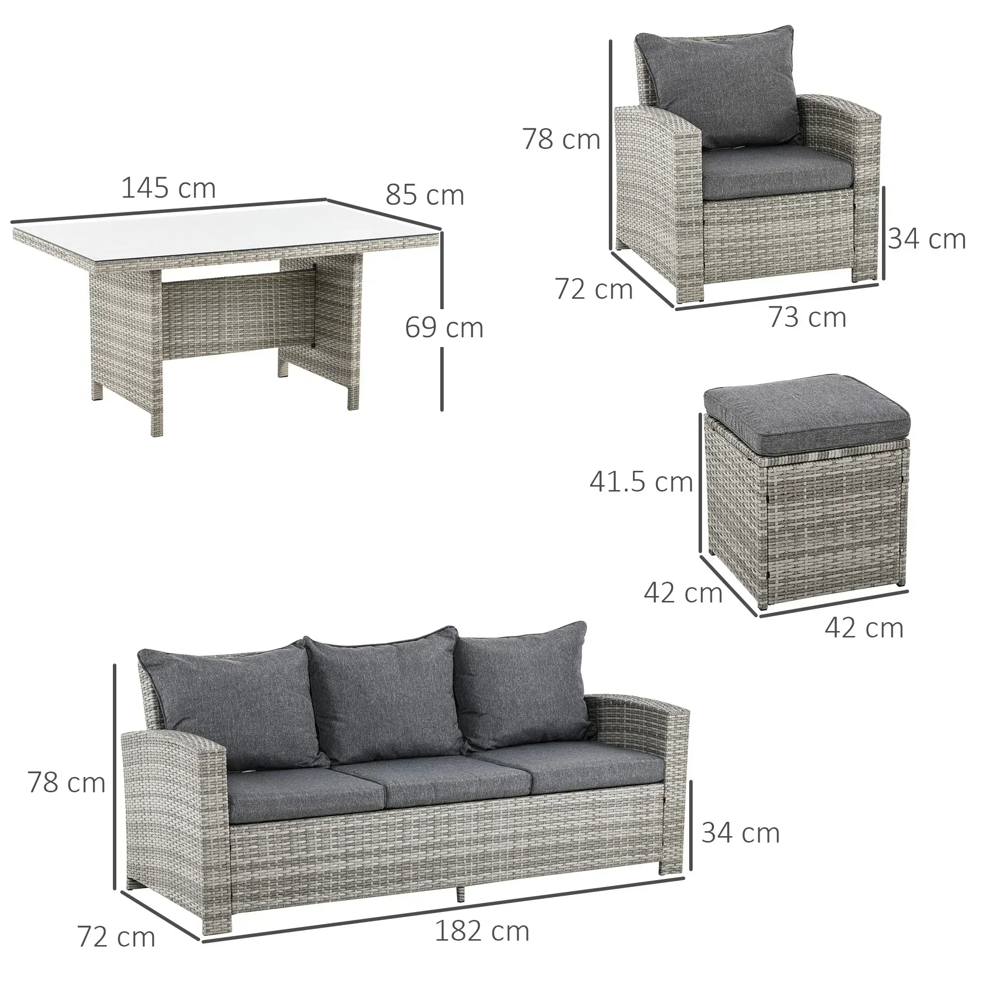 6 Pieces PE Rattan Garden Furniture Set with Three-seat, Armchairs and Footstools, Aluminium Patio Wicker Dining Sets w/ Glass Top Dining Table, Soft Cushion, Light Grey - Bobobiy