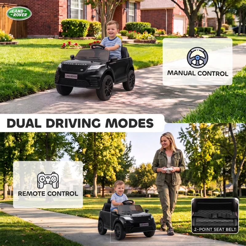 Black ride-on electric car with front bumper and two-seat interior