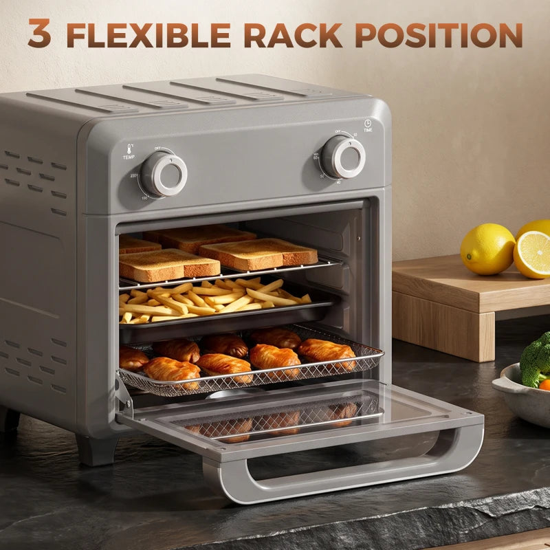 Grey mini oven with open door and two rack levels visible, adjustable rack position