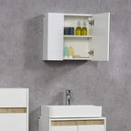 White bathroom mirror cabinet with doors open, showing interior shelves