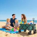 Green folding cargo trolley cart with telescopic handle, four wheels, and spacious fabric bed