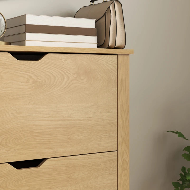 Natural wood shoe cabinet close-up of drawer fronts and open storage top edge