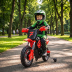 Red kids electric motorbike with training wheels and number 7 front fairing, helmeted rider