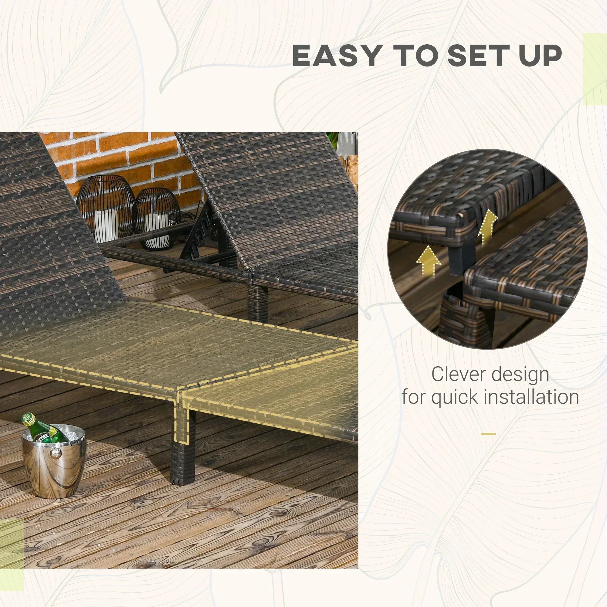 Set of Two Reclining Rattan Sun Loungers, with Cushions - Brown/Cream - Bobobiy