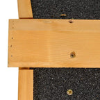 Natural wood roof board with metal screws on elevated pet hutch structure