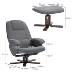 Grey swivel recliner chair with ottoman footrest and size measurements diagram.
