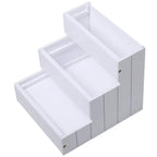 White 3-step pet stairs shown with open interior storage compartments