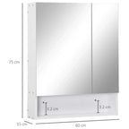 White wall-mounted bathroom mirror cabinet, front view with two mirrored doors and dimensions shown.