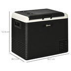 Portable car refrigerator cooler, side view with white top border and black vented panel